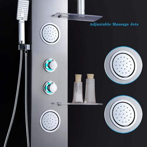 ELLO&ALLO Shower Panel System Tower with Shelf, LED Rainfall and Mist Shower Head Rain Massage Stainless Steel Shower Fixtures with Body Jets, Brushed Nickel
