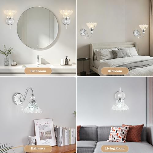 1 Piece Brushed Chrome Finish Wall Sconce, 1-Light Modern Wall Sconce with Hanging Crystal Accents and Flower-Shaped Clear Shades for Bathroom Bedroom Living Room,Modern Vanity Light - color: Chrome, size: 1-Light