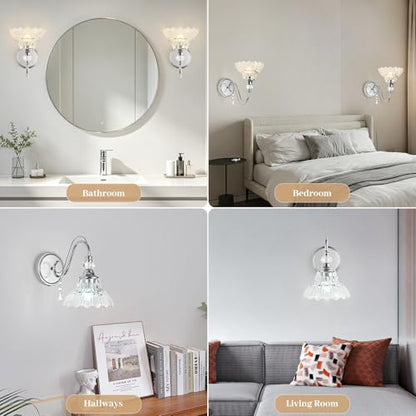 1 Piece Brushed Chrome Finish Wall Sconce, 1-Light Modern Wall Sconce with Hanging Crystal Accents and Flower-Shaped Clear Shades for Bathroom Bedroom Living Room,Modern Vanity Light - color: Chrome, size: 1-Light