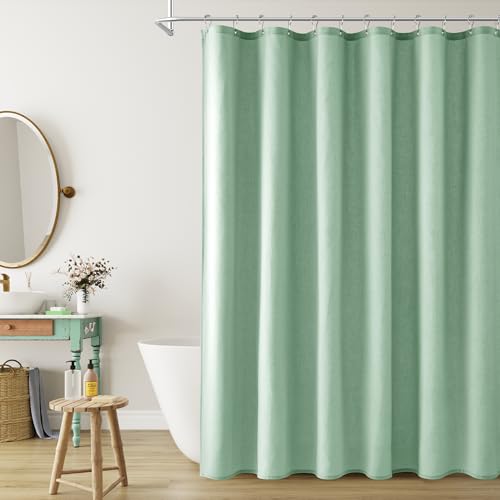Aqua Green Linen Shower Curtain, Country Boho Farmhouse Bath Decor Shower Curtains Neutral Cloth Weighted Textured Fabric Bath Curtain Liner with Hooks, 72x72 - color: Aqua Green, size: 72"W x 72"L (Pack of 1)