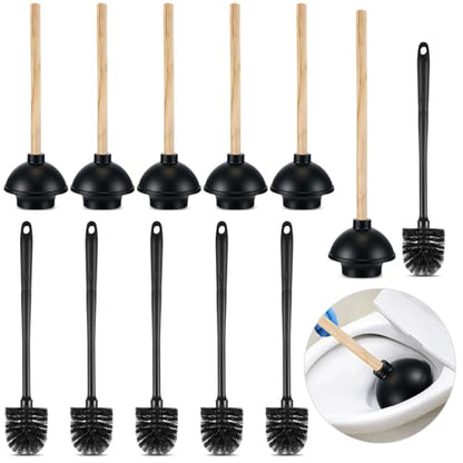 Sawysine 12 Pcs Commercial Toilet Plunger and Brush Set 6 Pack 18" Rubber Plunger with Double Thrust Force Suction Cup Handle and 6 Pack 16.54" Toilet Bowl Brush Bulk for Store Restaurant (Wood)