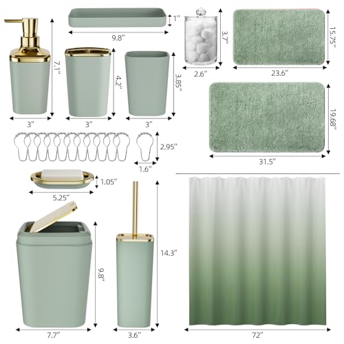 XLHOMO Sage Green Bathroom Set - 24PC Bathroom Sets with Shower Curtain and Rugs, Sage Green Bathroom Accessories Set with Press-on Lid Bathroom Trash Can, Soap Dispenser - color: Sage Green and Gold, size: Press-lid Complete Set+Bath Rugs