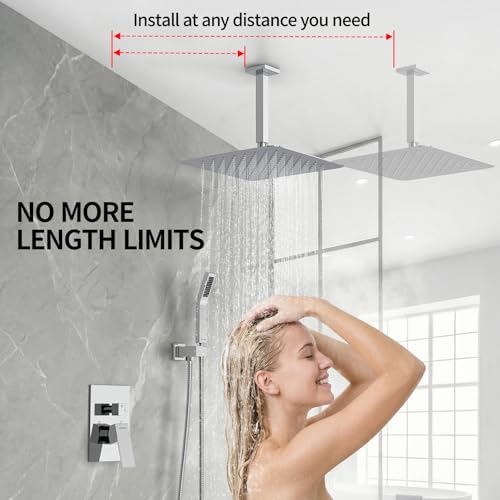 SR SUN RISE 12 Inch Ceiling Mounted Shower System Rain Mixer Combo Set Rainfall Shower Head System Faucet Trim Repair Kits Polished Chrome Rough-in Valve Body and Trim Included - color: Polished Chrome, style: 12 inch
