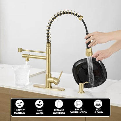 AIMADI Gold Kitchen Faucet with Soap Dispenser,Commercial Single Handle | pull down Kitchen Faucets with Sprayer,Brushed Gold,for 1-hole or 3-hole sinks,Farmhouse RV Laundry - color: Brushed Gold, style: with Soap Dispenser