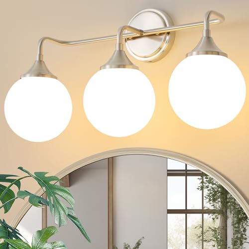 Brushed Nickel Bathroom Light Fixtures Over Mirror Vanity 3-Light | Mid Century Modern Brushed Nicke Wall Sconce with Milky White Glass Ball Shades for for Bathroom Dressing Table Bedroom - color: Brushed Nickel, size: 3-light