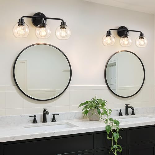 Bathroom Light Fixtures Black Vanity Light, 3 Light Modern Wall Sconces Lighting Bathroom Lights with Globe Clear Glass Shades, Bath Wall Lights Wall Lamp for Mirror Kitchen Living Room Hallway | Wall Sconces Lighting with Globe Clear Glass Shades, Bath W