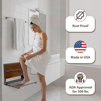 Walnut Shower Seat - Contour Wood / Folding Wall Mount Bench for Inside Shower / ADA Safety Aid / 304 Stainless Steel / Matte Black / 26" x 16" - color: Matte Black, Walnut, size: 26" x 16"