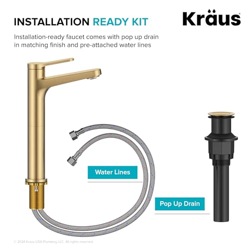 KRAUS Indy Bathroom Faucet for Vessel Sink in Spot-Free Brushed Brass with Single Handle, Pop Up Drain and Supply Lines, KVF-1410SFBB - color: Spot Free Brushed Brass, style: Vessel