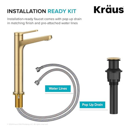 KRAUS Indy Bathroom Faucet for Vessel Sink in Spot-Free Brushed Brass with Single Handle, Pop Up Drain and Supply Lines, KVF-1410SFBB - color: Spot Free Brushed Brass, style: Vessel