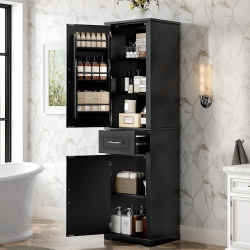 Tall Storage Cabinet, Bathroom Floor Freestanding Storage Cabinet with 2 Doors, One Drawer, Door Shelve Design, and Adjustable Shelf for Bathroom, Office, Living Room, Black - color: Black/Door Shelve