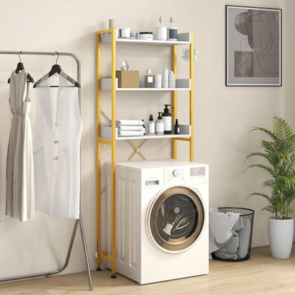 Giantex Over The Toilet Storage Shelf, 3-Tier Freestanding Space Saver Above Toilet with 4 Hooks, Adjustable Bottom Bar, Over Toilet Bathroom Organizer for Restroom, Laundry, Easy Assembly - color: White + Gold