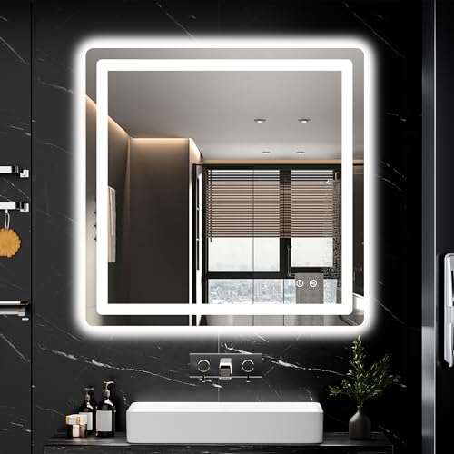TRAHOME LED Bathroom Vanity Mirror with Lights, 30"x30" Lighted Wall Mirror | Front and Backlit, Anti Fog, Dimmable 3 Color Lighting, Memory Function, Shatterproof Glass, Plug in or Hardwired - color: Unframed, size: 30"L x 30"W