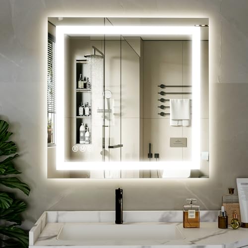 XRAMFY 40"X40" LED Bathroom Mirror, Backlit + Front Lit Wall Mirror | LED Bathroom Mirror with Lights for Wall, 3 Colors, Anti-Fog, Dimmable Brightness, Tempered Glass - size: 40"L x 40"W
