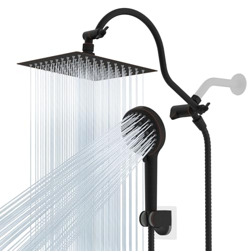 Hibbent All Metal Shower Head, 8'' High Pressure Rainfall Shower Head/Handheld Showerhead Combo with 12'' Adjustable Curved Shower Extension Arm, 10-Spray, 71'' Hose, Shower Holder, Oil Rubbed Bronze - color: Oil Rubbed Bronze, style: Square 8''