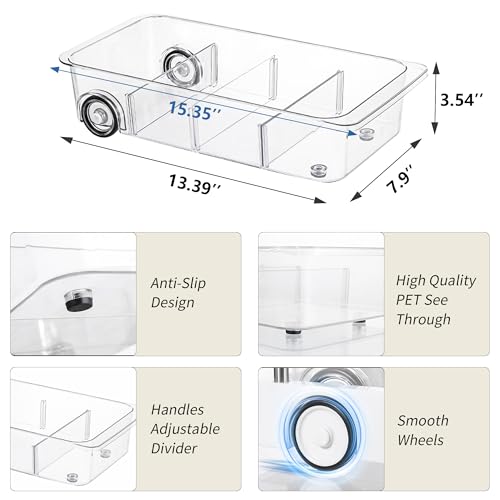 Roll-Out Refrigerator Organizers and Storage, 3 Pack Drawer Fridge Bins | Rolling Fridge Caddy, Silicone Wheels, Adjustable Dividers, Plastic Refrigerator Tray, for Fridge, Pantry, Bathroom & Kitchen - size: 3pack
