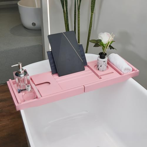 Pink Bamboo Bathtub Caddy with Bath Sponge, Bath Tray for Bathtub, Expandable Size, Fits Most Bath Tubs