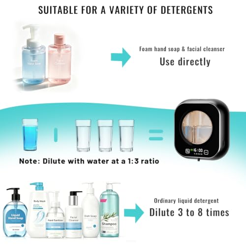 Automatic Soap Dispenser Touchless, Wall Mount Hand Soap Dispenser 10.8oz, LED Clock Electric Sensor Pump with 5 Speed Foam,120-Day Long-Life Battery, IPX5 Waterproof for Kitchen Bathroom Office Hotel