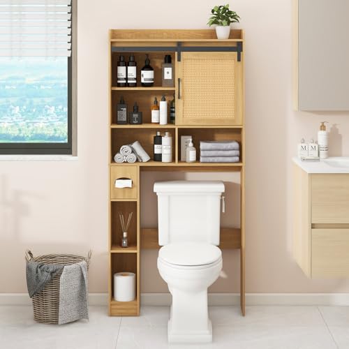 Vabches Over The Toilet Storage Cabinet with Sliding Barn Door. Rattan Oak | Farmhouse Storage Cabinet with Toilet Paper Holder Stand, Home Space-Saving Toilet Rack, for Bathroom, Restroom, Laundry - color: Rattan Oak, style: Sliding Barn Door