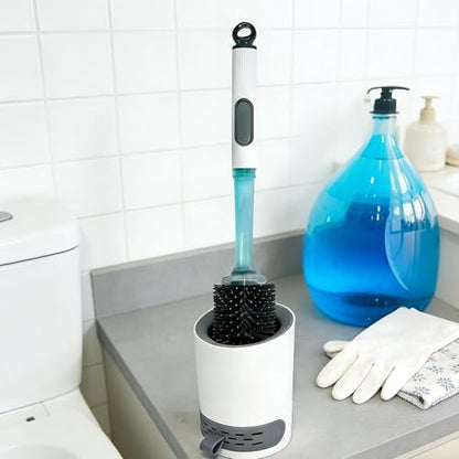 Silicone Toilet Brush and Holder Set with Cleaner Dispenser, Grey | Dispenser handle, silicone bristles, ventilated holder; for RV, apartment, and bathroom use
