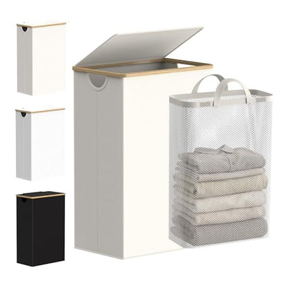 efluky Slim Laundry Basket with Lid, Narrow Laundry Hamper with Removable Bag, Skinny Dirty Clothes Basket with Bamboo Handles for Bathroom, Bedroom & Laundry Room, 90L Beige - color: Beige, size: 90L