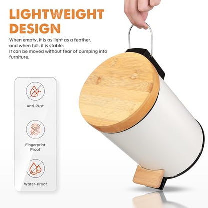 Small Bathroom Trash Can with Natural Bamboo Lid Soft Close，3 Liter / 0.8 GallonStainless Steel Garbage Can with Removable Inner Bucket andStep Pedal（White） - color: White