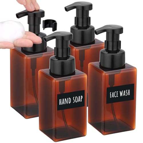 Segbeauty 15.2oz Amber Plastic Refillable Foaming Soap Dispenser Pump Bottle for Bathroom, 4pcs Empty Shampoo Foamer Bottle with Foaming Pump, 450ml Square Kitchen Liquid Soap Dispenser with Labels - color: Amber, style: 4pcs 15.2oz