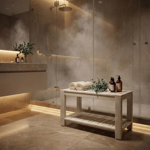 The Sitara Teak Shower Bench with Shelf, 30" Wide, Rustic Light Grey Wash