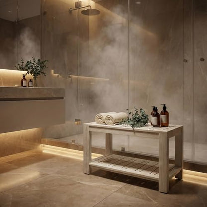The Sitara Teak Shower Bench with Shelf, 30" Wide, Rustic Light Grey Wash