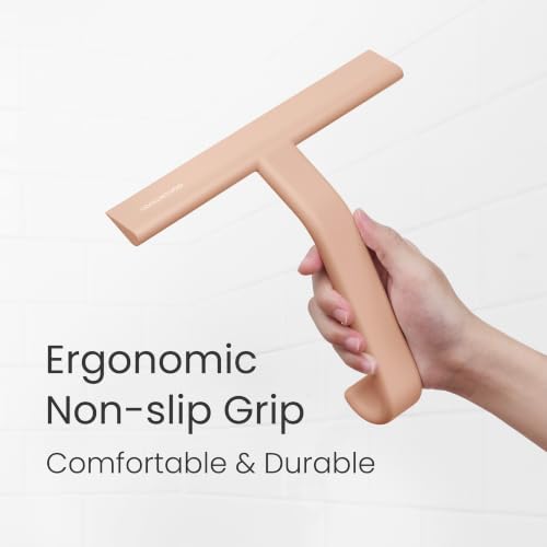 JustHang Shower Squeegee with Built-in Hook, 10-Inch Terracotta | Award-Winning Design, All-One-Piece Soft-Touch Silicone, for Glass Door, Bathroom, Window, Mirror, Tile Wall, Car - color: Terracotta