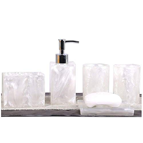 Resin Soap Dish, Soap Dispenser, Toothbrush Holder & Tumbler Bathroom Accessory 5 Piece Set (White) - color: White