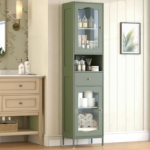 fineway 67"H x 16"W Tall Bathroom Storage Cabinet with Door & Drawer, Green | Clear-View Doors, 6-in-1 Large Capacity Storage, Easy Assembly & 2-Year Warranty, FSC-Certified Wood, Anti-Tip Safety - color: Green