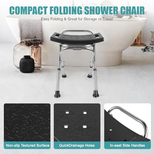 Height Adjustable Folding Shower Chair Seat, Stainless Steel Small Shower Chair for Inside Shower with,400lbs Portable Travel Shower Stool,Safety Anti-Slip Bath Chair for Seniors(Black)