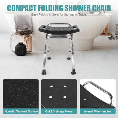 Height Adjustable Folding Shower Chair Seat, Stainless Steel Small Shower Chair for Inside Shower with,400lbs Portable Travel Shower Stool,Safety Anti-Slip Bath Chair for Seniors(Black)
