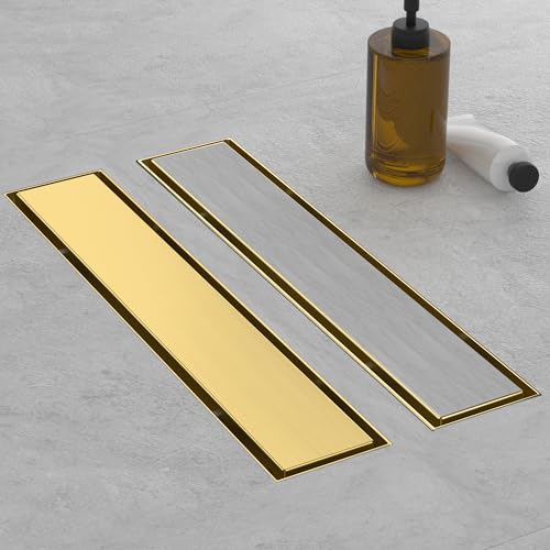 Linear Shower Drain - 12 Inch Brushed Gold, with Tile Insert Panels | AISI 304 Stainless Steel Shower Drain with Adjustable Feet, Hair Catcher, Rectangle Shower Floor Drain Fits Bathroom, Balcony - color: Brushed Gold, size: 12 Inch