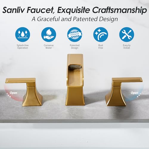 Brushed Gold Waterfall Bathroom Faucet, Sanliv 2-Handle Widespread Bathroom Faucet for 3-Hole Sinks 4-8 inch, Modern Vanity Faucets with Pop Up Drain, Champagne Bronze - color: Brushed Gold