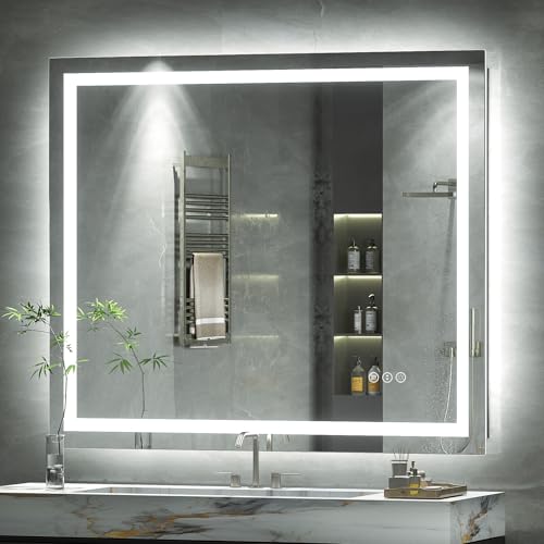 40x38 LED Lighted Bathroom Mirror for Vanity Wall | Front Light and Backlit, Anti-Fog, Memory, 3 Color, Tempered Glass, Dimmable, Rectangular, UL, Horizontal/ Vertical Mounted - color: Rectangular Led Bathroom Mirror, size: 40"L x 38"W