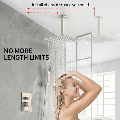 SR SUN RISE 12 Inch Ceiling Mount Brushed Nickel Shower System Bathroom Luxury Rain Mixer Shower Combo Set Ceiling Rainfall Shower Head System Faucet Trim Repair Kits with Rough-in Valve and Trim - color: Brushed Nickel, style: 12 inch