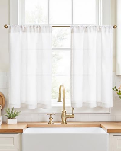 jinchan Rustic Linen Rod Pocket Tier Curtains, 26x36, 2 Panels, White | Light filtering, cafe curtains, machine washable, farmhouse, kitchen, bathrooms, laundry, small window, over sink - color: Rod Pocket | Beige White, size: 26"W x 36"L (Pack of 2)