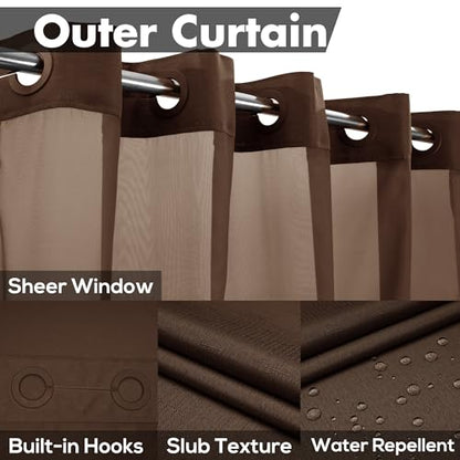 River Dream No Hook Shower Curtain with Snap-in Liner Set, Brown, 71x74 | Snap on/off Waterproof PEVA Liner, See Through Top Window, Slub Textured, Hotel Style Shower Curtain Set, Standard Size - color: Chocolate, size: 71"W x 74"L (Pack of 1)
