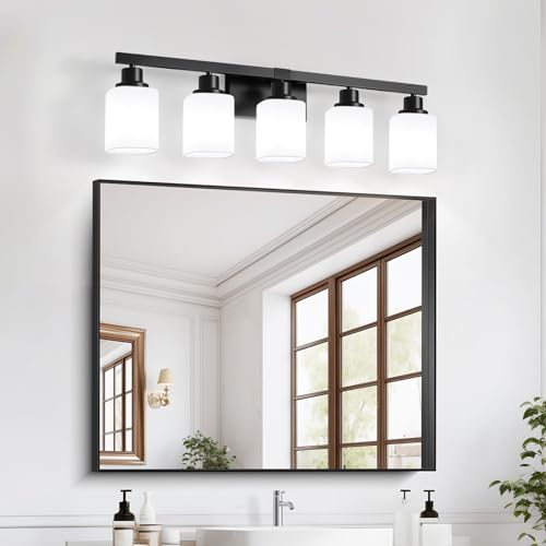 5-Light Bathroom Vanity Light, Modern Matte Black Bathroom Light Fixtures with Square Frosted Glass, Wall Sconces fixtures Over Mirror Restroom,Living Room Hallway E26 - color: Black, size: 5-Light