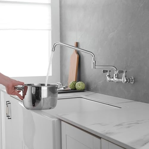 Commercial Wall Mount Kitchen Faucet 18" Swing Spout, Chrome | Lead-Free Brass,Two Handle Hot/Cold Mixer,8" Center,with Add-on Swing Spout,3 Compartment Sink, Restaurant & Laundry - size: 18 Inch