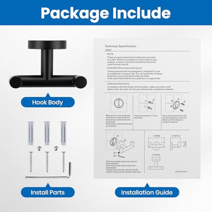 Shower Towel Hook, Wall Mount Robe Hook Holder, Matte Black | Stainless Steel Material, Double Hooks Design, Rust-Resistant, Strong Load-bearing Capacity - color: Matte Black