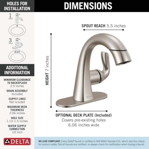 Delta Arvo 1 Hole Pull Down Bathroom Faucet with Sprayer, Brushed Nickel Single Hole Bathroom Sink Faucet with Pull Out Sprayer for Vanity, Push-Pop Drain, SpotShield Stainless 15840LF-SPPD - color: SpotShield Brushed Nickel