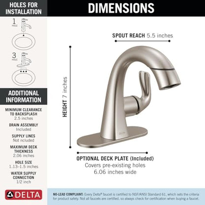 Delta Arvo 1 Hole Pull Down Bathroom Faucet with Sprayer, Brushed Nickel Single Hole Bathroom Sink Faucet with Pull Out Sprayer for Vanity, Push-Pop Drain, SpotShield Stainless 15840LF-SPPD - color: SpotShield Brushed Nickel