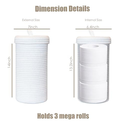 Toilet Paper Holder Handmade – Woven Cotton Toilet Paper Stand & Storage Basket with Lid, Freestanding Organizer for Bathroom, Fits 3 Mega Rolls Gradient Brown 14'' x 7'' - color: White