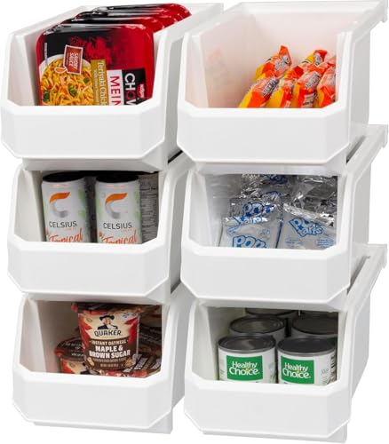 Large Stackable Plastic Storage Bins, 6-Pack, White | Open-Front Stackable Bins For Garage, Pantry, Closet & Office, 14,8"L X 8"W X 7"H, Nests When Empty, Durable Plastic, - color: White, size: Large, 6-Pack