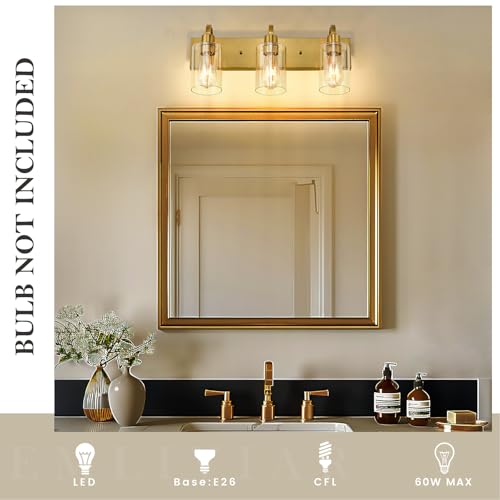 Emliviar 3-Light Vanity Lights for Bathroom, Brushed Gold Bathroom Light with Clear Glass Shade, YCE237B-3W BG - color: Brushed Gold - Clear Glass, size: 3-Light