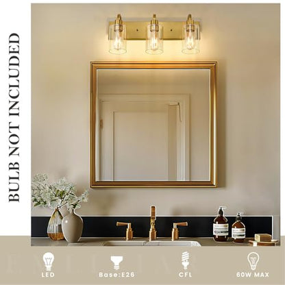 Emliviar 3-Light Vanity Lights for Bathroom, Brushed Gold Bathroom Light with Clear Glass Shade, YCE237B-3W BG - color: Brushed Gold - Clear Glass, size: 3-Light