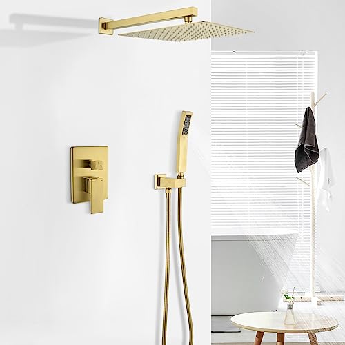 WELLFOR Brushed Gold 12" Wall Mounted Shower Faucet Set Single Handles, Dual Head Shower Faucet System with 2-way Diverter, Shower System with Handheld Spray, Rough in Valve, Hot Cold Water - color: Gold, style: Wall Mount 12-Inch