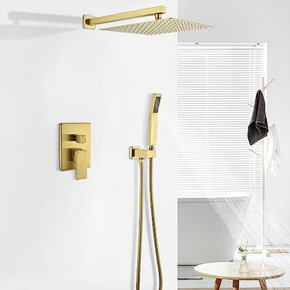 WELLFOR Brushed Gold 12" Wall Mounted Shower Faucet Set Single Handles, Dual Head Shower Faucet System with 2-way Diverter, Shower System with Handheld Spray, Rough in Valve, Hot Cold Water - color: Gold, style: Wall Mount 12-Inch